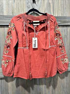 Savanna Jane Rust Red Embroidered Boho Tunic Blouse Size Small